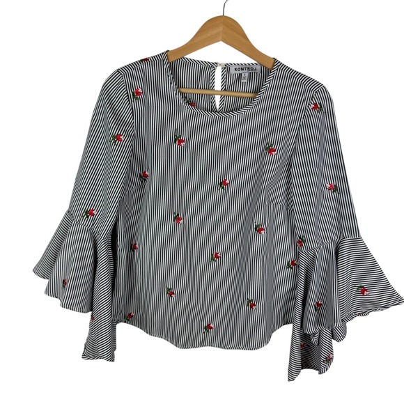 Kontrol Rose Embroidered Striped Blouse Small Bell Sleeve Floral Romantic Boho - Picture 1 of 9
